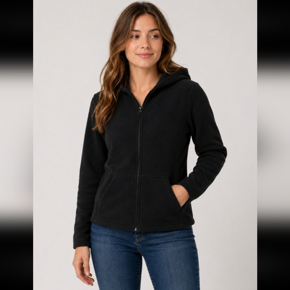 CAROLYN TAYLOR Solid Black Fleece Hooded Jacket S